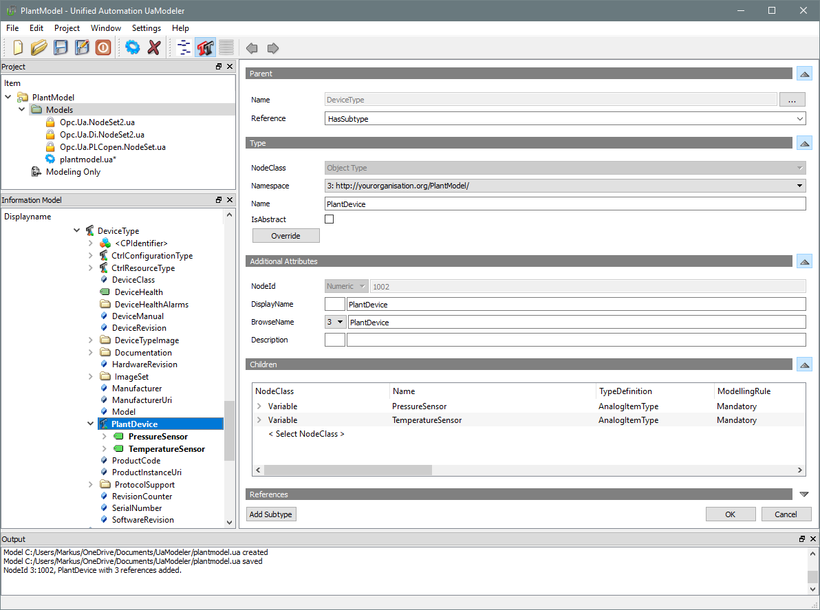 OPC UA Modeler PlantModel window